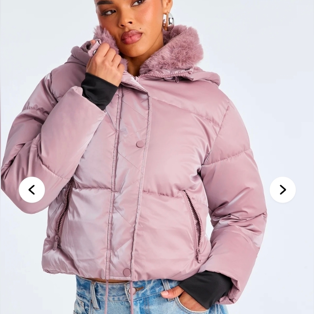 Women's Faux-Fur Trim Puffer Jacket - Dusty Mauve